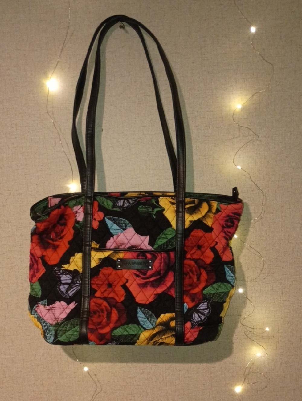 Vera Bradley Floral Quilted Tote in Black with Red, Yellow & Pink Blooms